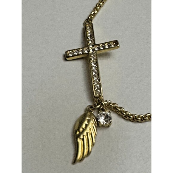 Gold Tone Adjustable Slider Bracelet CZ Cross Angel Wing and Crystal Charms - Picture 2 of 6
